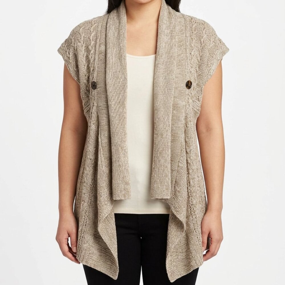F.O.N.D. Women's Beige Open Waterfall Cardigan Casual Lagen Sweater Size S/M